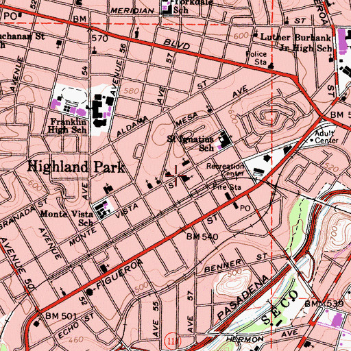 Topographic Map of Highland Park Christian Church, CA