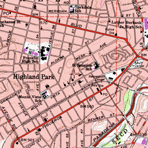 Topographic Map of Highland Park Baptist Church, CA