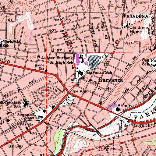 Topographic Map of Highland Park Church of God, CA