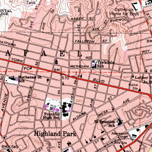 Topographic Map of Highland Park Four Square Gospel Church, CA