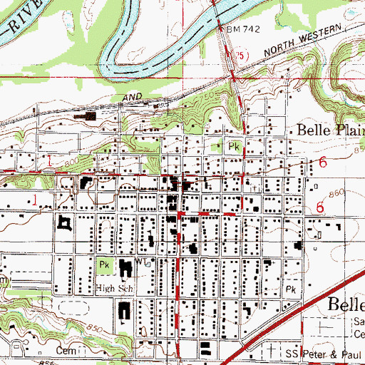 Topographic Map of Belle Plaine Post Office, MN