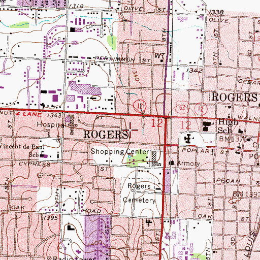 Topographic Map of Saint Mary - Rogers Memorial Hospital, AR
