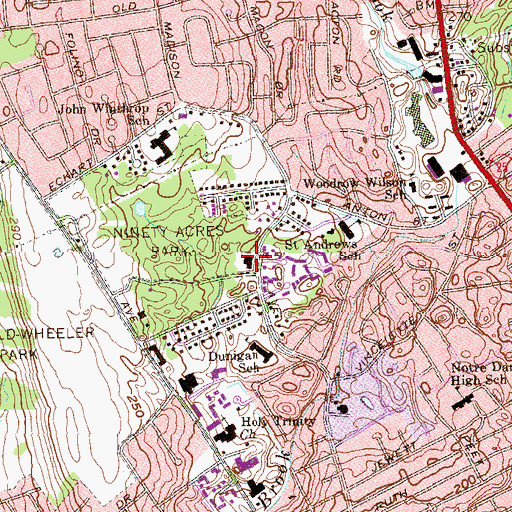 Topographic Map of Ninety Acres Park, CT