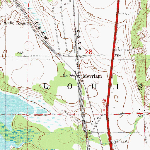 Topographic Map of Merriam Post Office (historical), MN