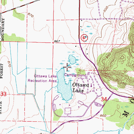 Topographic Map of Ottawa Lake Fen State Natural Area, WI