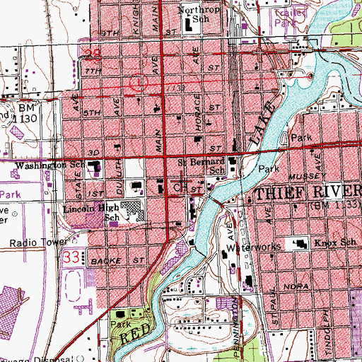 Topographic Map of Thief River Falls Post Office, MN