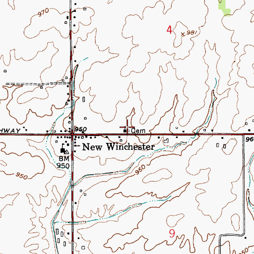 Topographic Map of New Winchester Baptist Cemetery, IN