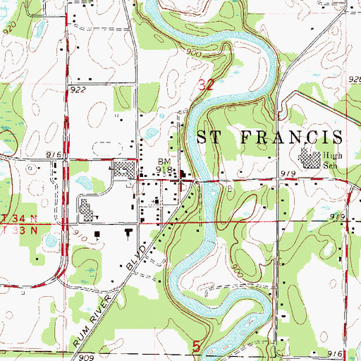 Topographic Map of Saint Francis Post Office, MN