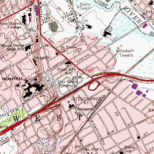 Topographic Map of Oak Grove Cemetery, CT