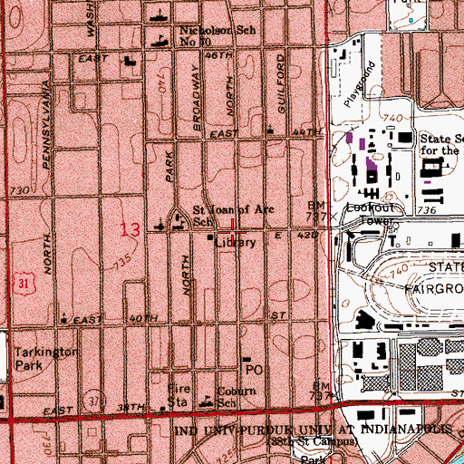 Topographic Map of College Avenue Branch Indianapolis-Marion County Public Library, IN