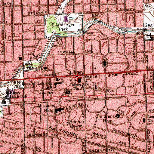 Topographic Map of Irvington Branch Indianapolis-Marion County Public Library, IN