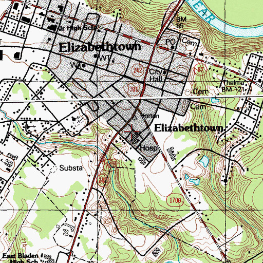 Topographic Map of Bladen County Hospital, NC