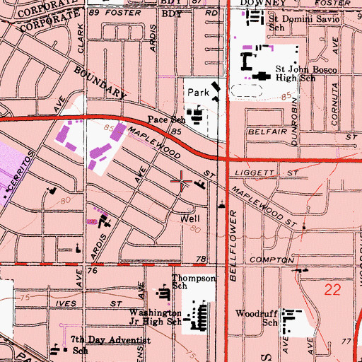 Topographic Map of Bellflower First United Methodist Church, CA