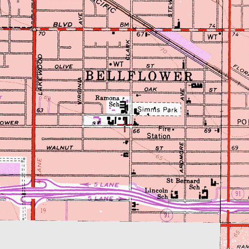 Topographic Map of Bellflower Brethren Church, CA