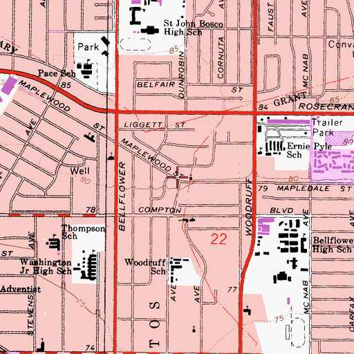 Topographic Map of Bellflower Church of God, CA
