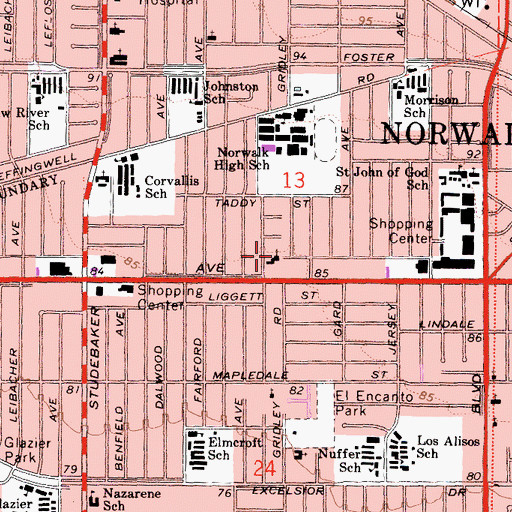 Topographic Map of Norwalk Presbyterian Church, CA