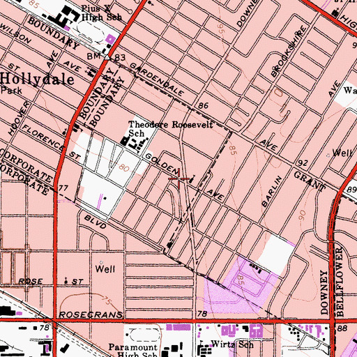Topographic Map of Downey Avenue Foursquare Church, CA