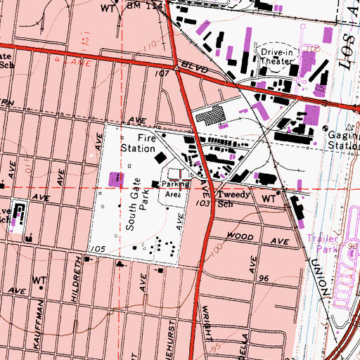 Topographic Map of South Gate Foursquare Church, CA