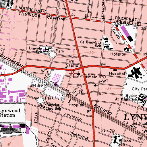 Topographic Map of Lynwood Grace Hispanic Church, CA