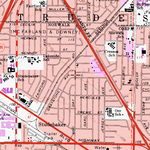 Topographic Map of Norwalk Missionary Baptist Church, CA