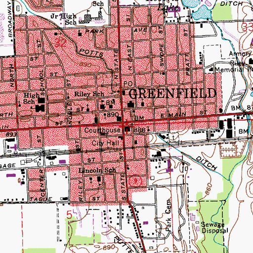 Topographic Map of Greenfield Courthouse Square Historic District, IN