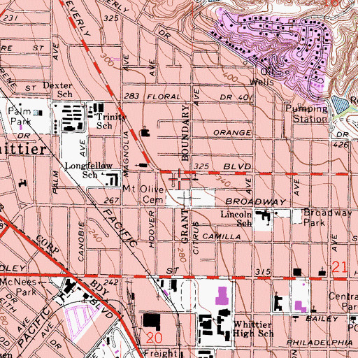 Topographic Map of Whittier Church of God, CA