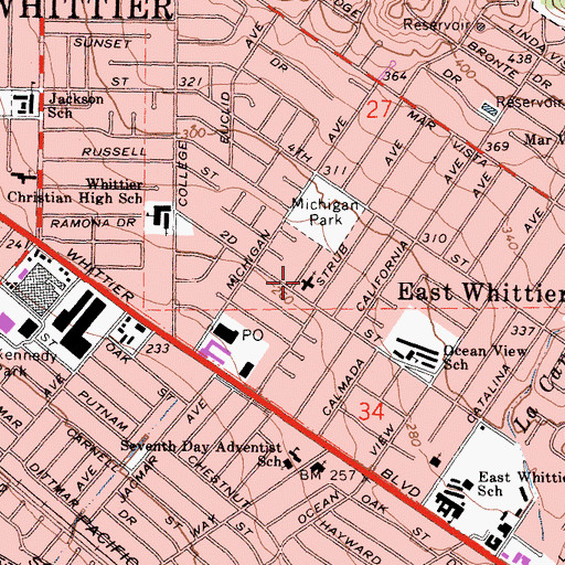 Topographic Map of East Whittier Presbyterian Church, CA