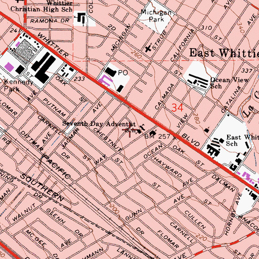 Topographic Map of Whittier Seventh Day Adventist Church, CA