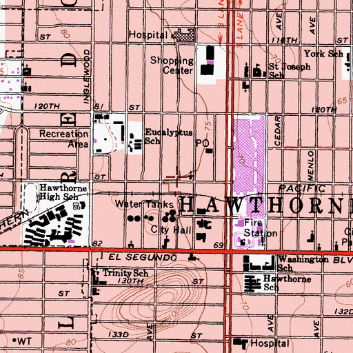 Topographic Map of Hawthorne Foursquare Church, CA