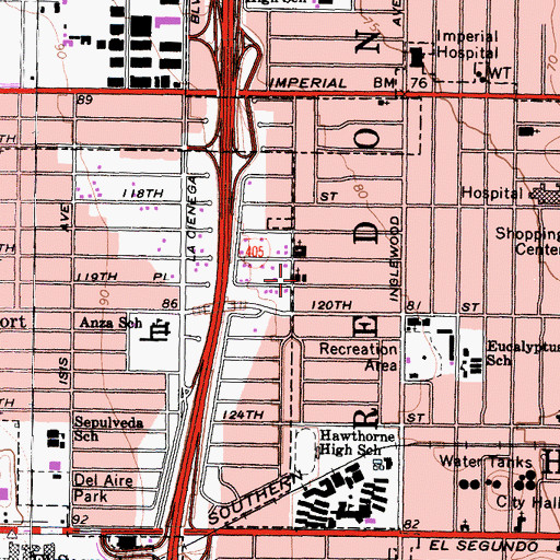 Topographic Map of Del Aire Baptist Church, CA