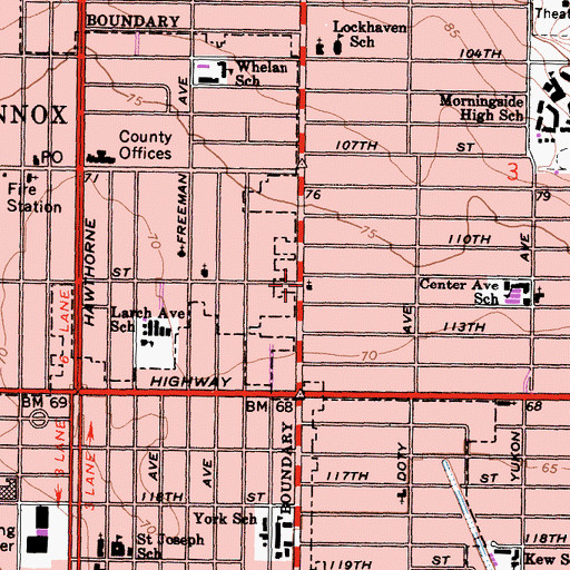 Topographic Map of Lennox Iglesia Cuadrangular, CA
