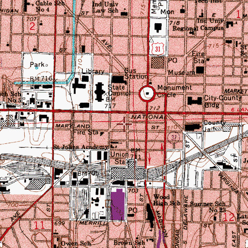 Topographic Map of Merchants Plaza Shopping Center, IN