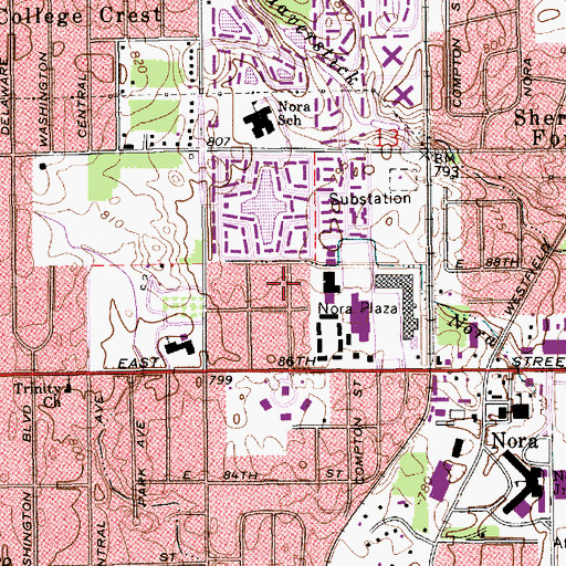 Topographic Map of Nora Branch Indianapolis-Marion County Public Library, IN