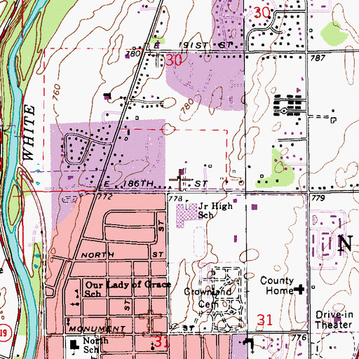 Topographic Map of First Church of God, IN