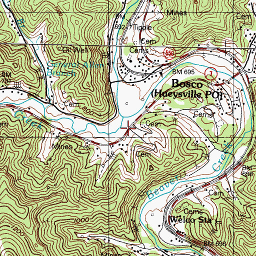 Topographic Map of Hueysville Post Office (historical), KY