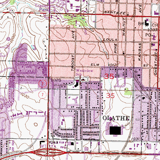 Topographic Map of Olathe General Baptist Church, KS