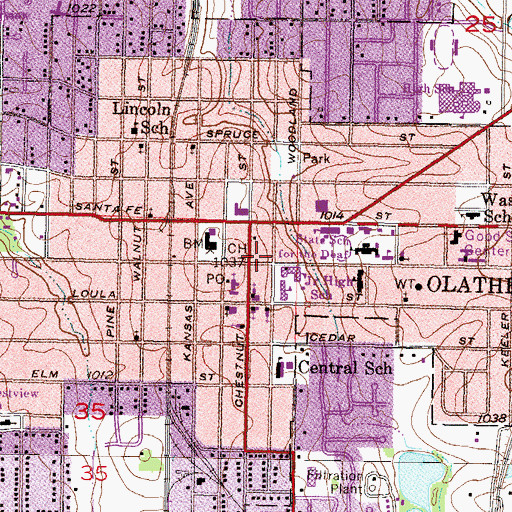 Topographic Map of Olathe Post Office, KS
