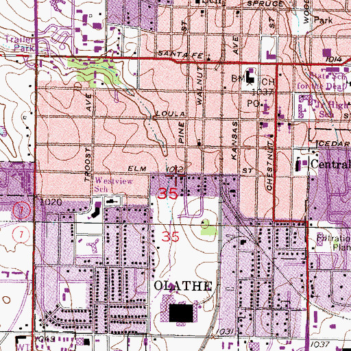 Topographic Map of Pine and Elm Park, KS