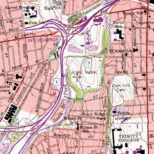 Topographic Map of Pope Park, CT