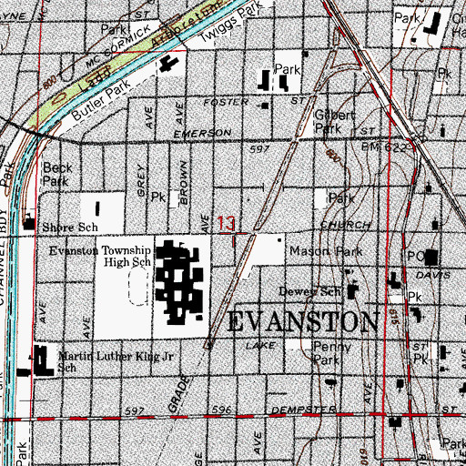 Topographic Map of Gospel Chapel Church of Evanston, IL