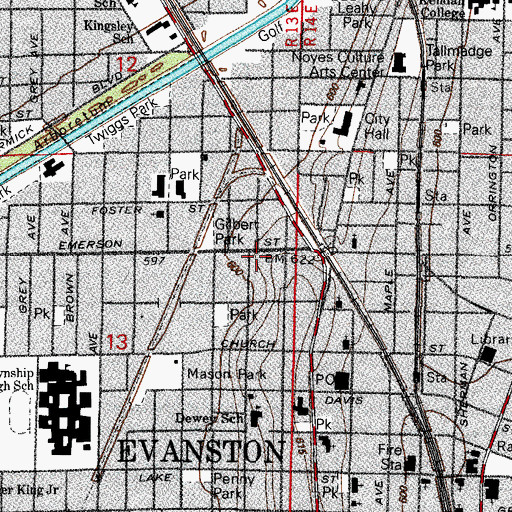 Topographic Map of Evanston Fire and Life Safety Services - Station 1, IL