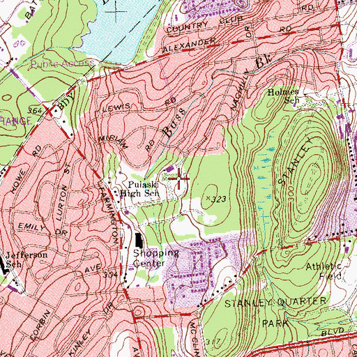 Topographic Map of Pulaski High School, CT
