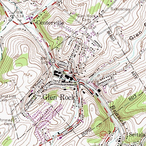 Topographic Map of Arthur Hufnagel Public Library of Glen Rock, PA