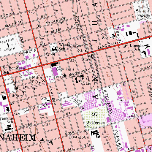 Topographic Map of Anaheim Fire Department Station 1, CA