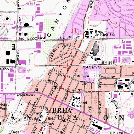 Topographic Map of Brea Fire Department Station 2, CA