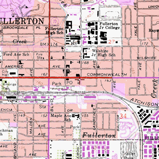 Topographic Map of Fullerton Fire Department Station 1, CA