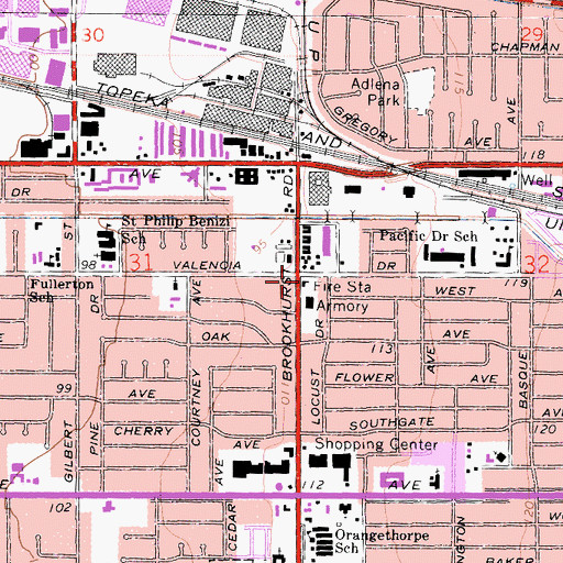 Topographic Map of Fullerton Fire Department Station 2, CA