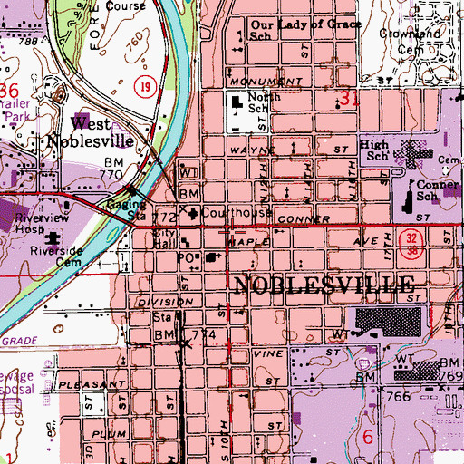 Topographic Map of Noblesville City Hall, IN