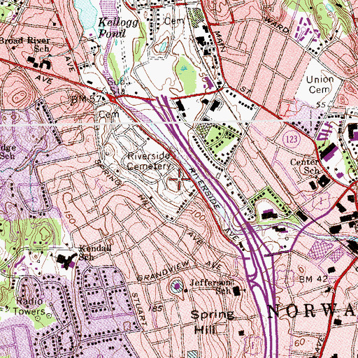 Topographic Map of Riverside Cemetery, CT