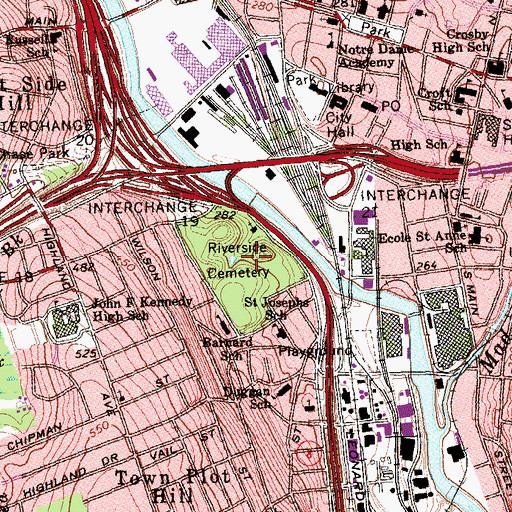Topographic Map of Riverside Cemetery, CT